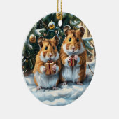 Hamsters met kerstcadeaus keramisch ornament (Rechts)