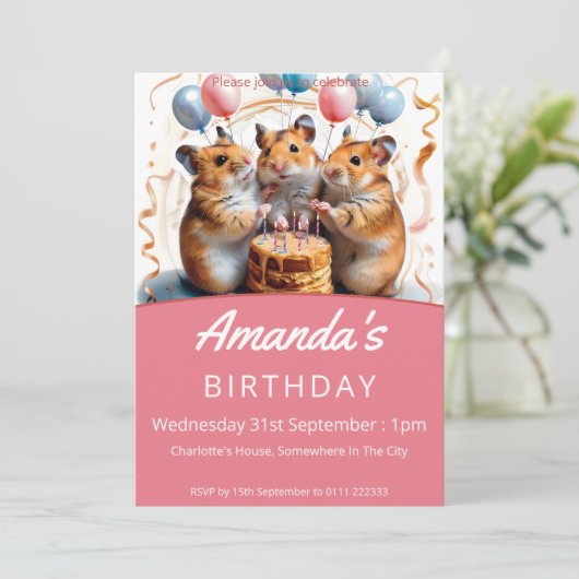 Hamsters verjaardagsfeestje kaart (Staand voorkant)