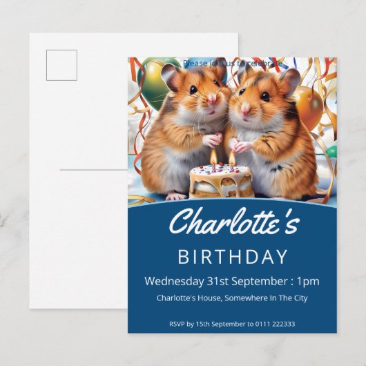 Hamsters verjaardagsfeestje uitnodiging briefkaart (Voorkant / Achterkant)
