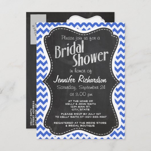 Han Blue Chevron strepen; Chalkboard look Uitnodiging Briefkaart (Voorkant / Achterkant)