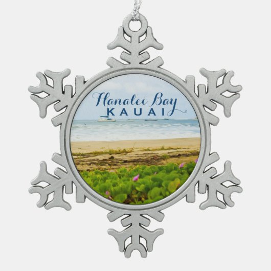 Hanalei Bay Kauai Hawaii Beach + Boats Tin Sneeuwvlok Ornament (Voorkant)