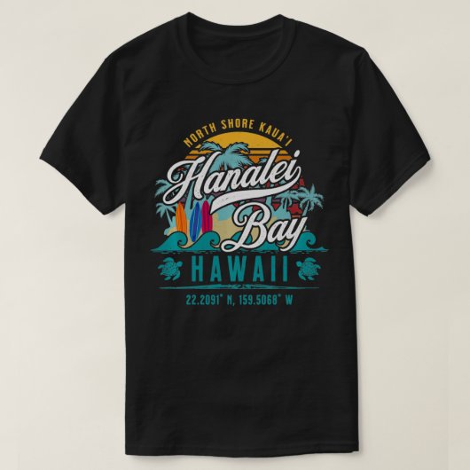 Hanalei Bay North Shore Kauai Hawaii Retro Sun Sur T-shirt (Design voorkant)