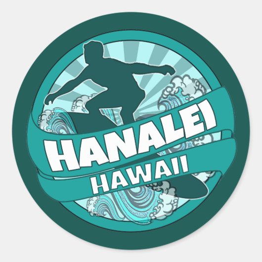 Hanalei Hawaii blauwgroen surfer logo stickers (Voorkant)