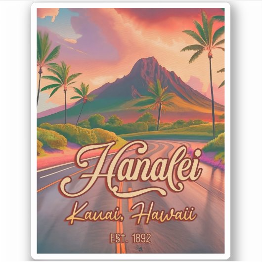 Hanalei Kauai Hawaii Retro Volcano Road, jaren 50 Sticker (Voorkant)
