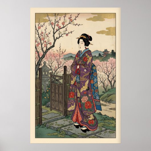 Hanami Maiko Print Vintage Bloem Kimono (Voorkant)