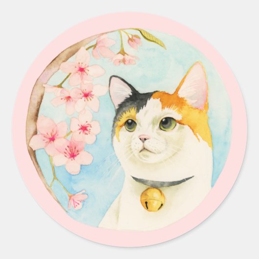 Hanami | Schattigee Calico Cat en Flowers Waterver Ronde Sticker (Voorkant)