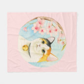 Hanami | Waterverf Calico Cat en Cherry Blossom Fleece Deken (Voorkant (Horizontaal))