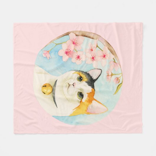 Hanami | Waterverf Calico Cat en Cherry Blossom Fleece Deken (Voorkant (Horizontaal))