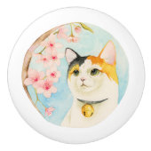 Hanami | Waterverf Calico Cat en Cherry Blossom Keramische Knop (Voorkant)