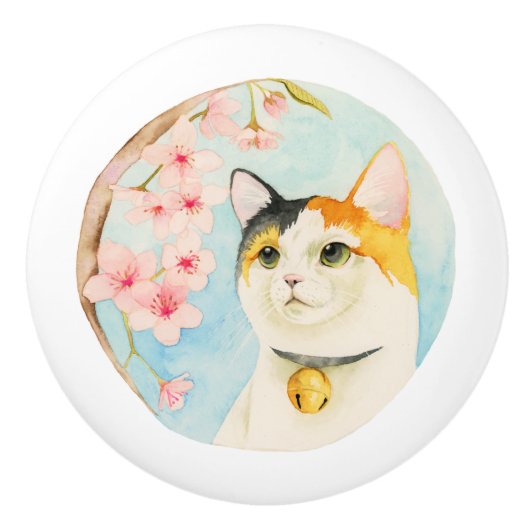 Hanami | Waterverf Calico Cat en Cherry Blossom Keramische Knop (Voorkant)