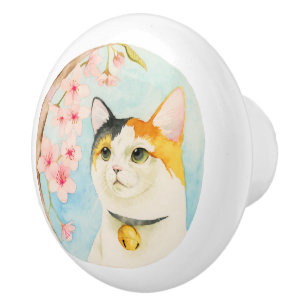 Hanami   Waterverf Calico Cat en Cherry Blossom Keramische Knop