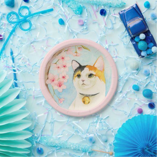 Hanami | Waterverf Calico Cat en Cherry Blossom Papieren Bordje (Feest)