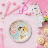 Hanami | Waterverf Calico Cat en Cherry Blossom Papieren Bordje (Feest)