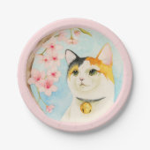 Hanami | Waterverf Calico Cat en Cherry Blossom Papieren Bordje (Voorkant)