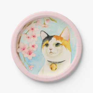 Hanami   Waterverf Calico Cat en Cherry Blossom Papieren Bordje