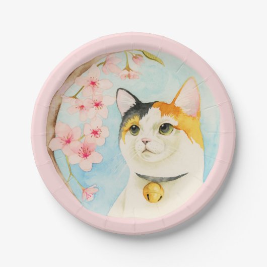 Hanami | Waterverf Calico Cat en Cherry Blossom Papieren Bordje (Voorkant)