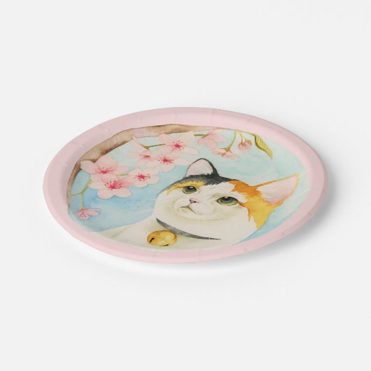 Hanami | Waterverf Calico Cat en Cherry Blossom Papieren Bordje (Gekanteld)