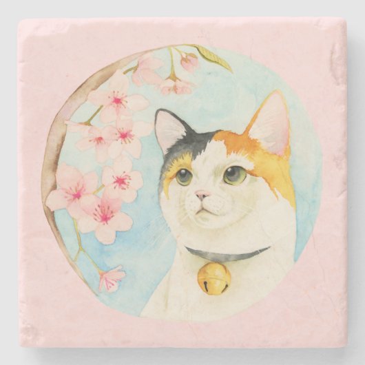 Hanami | Waterverf Calico Cat en Cherry Blossom Stenen Onderzetter (Voorkant)