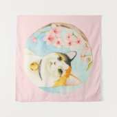 Hanami | Waterverf Calico Cat en Cherry Blossom Wandkleed (Voorkant (horizontaal))