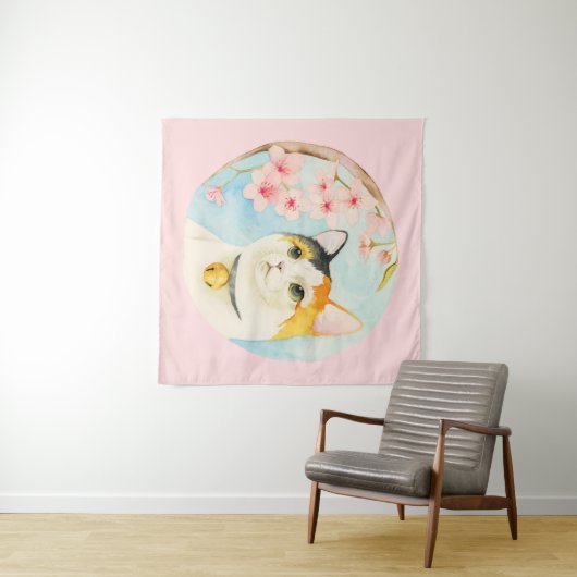 Hanami | Waterverf Calico Cat en Cherry Blossom Wandkleed (In Situ (horizontaal))
