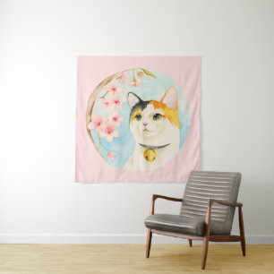 Hanami   Waterverf Calico Cat en Cherry Blossom Wandkleed