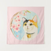 Hanami | Waterverf Calico Cat en Cherry Blossom Wandkleed (Voorkant)