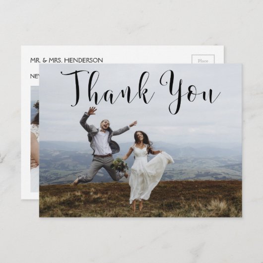 Hand beletterd script bruiloft dank u fotokaart briefkaart (Voorkant / Achterkant)
