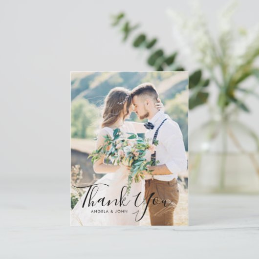 Hand beletterd script foto bruiloft dank u briefkaart (Staand voorkant)