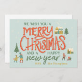 Hand beletterd vrolijk kerstdorp feestdagenkaart (Voorkant / Achterkant)