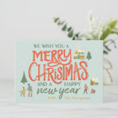 Hand beletterd vrolijk kerstdorp feestdagenkaart (Staand voorkant)