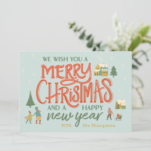 Hand beletterd vrolijk kerstdorp feestdagenkaart (Staand voorkant)