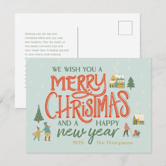 Hand beletterd vrolijk kerstdorp feestdagenkaart (Voorkant / Achterkant)