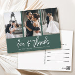 Hand-beletterde foto collage bos groen dank u briefkaart<br><div class="desc">Dank uw gasten met deze moderne fotocollage bedankjes met handgeschreven "love & bedankt".</div>
