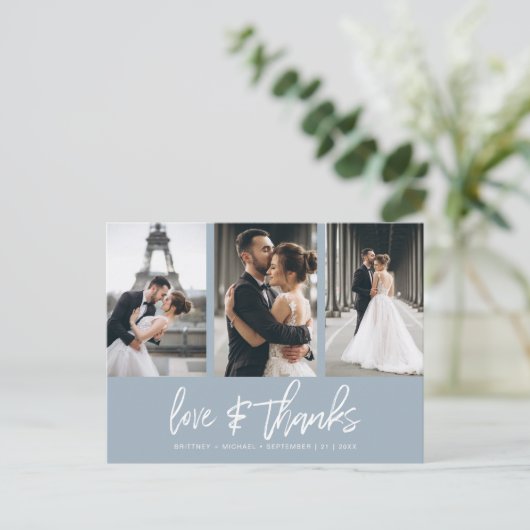 Hand-beletterde fotocollage Dusty Blue Dank u Briefkaart (Staand voorkant)