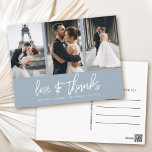 Hand-beletterde fotocollage Dusty Blue Dank u Briefkaart<br><div class="desc">Dank uw gasten met deze moderne fotocollage bedankjes met handgeschreven "love & bedankt".</div>