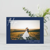 Hand-beletterde moderne foto dank u marineblauw bedankkaart (Staand voorkant)