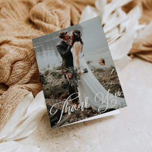 Hand belettering foto bruiloft gevouwen dank u kaa bedankkaart