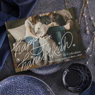 Hand-belettering Happy Chanoeka Foto Feestdagenkaart