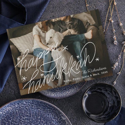 Hand-belettering Happy Chanoeka Foto Feestdagenkaart