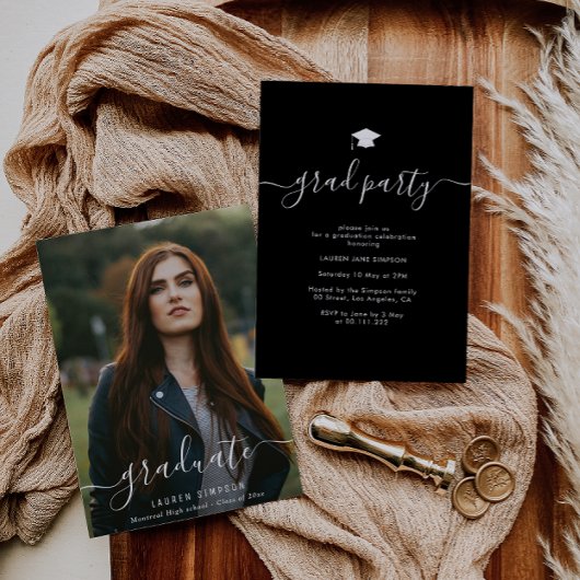 Hand belettering script foto afstudeerfeest kaart