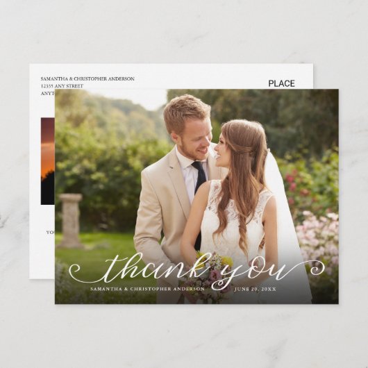 Hand belettering twee foto bruiloft dank u briefkaart (Voorkant / Achterkant)