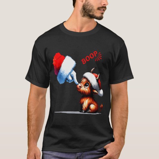Hand Boop Christmas Highland Cow Santa Farmer Anim T-shirt (Voorkant)