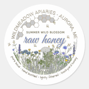 Hand Bottled Pure Local Raw Wildbloemen met bijen Ronde Sticker