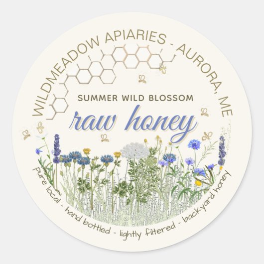 Hand Bottled Pure Local Raw Wildbloemen met bijen Ronde Sticker (Voorkant)
