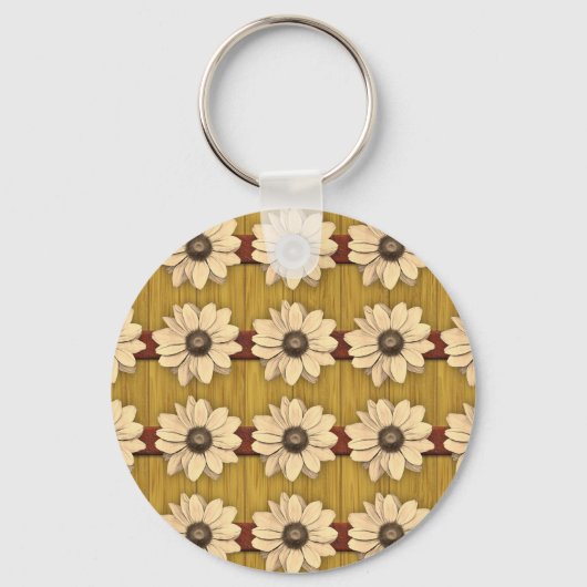 Hand Carved Wooden Daisies Sleutelhanger (Voorkant)