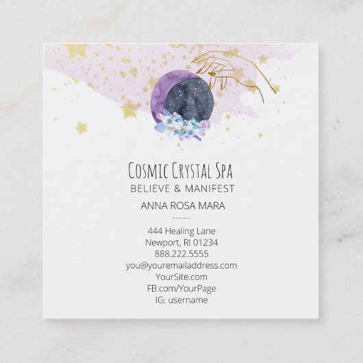*~* Hand Crystals Moon Cosmos Sky Stars Vierkante Visitekaartje (Achterkant)