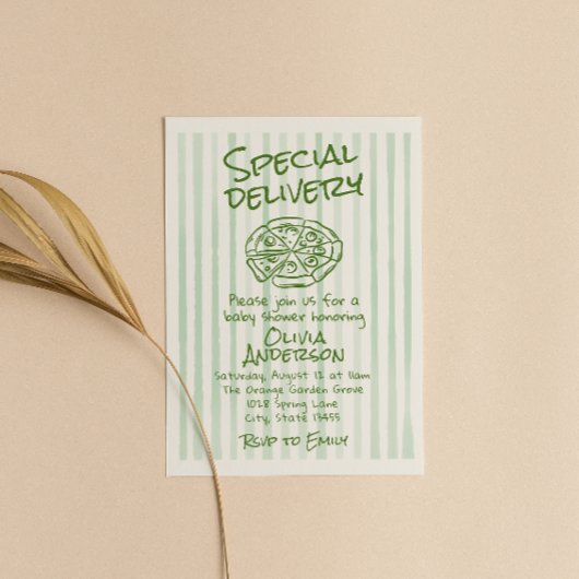 Hand Dawn Green Pizza Special Delivery Baby shower Kaart