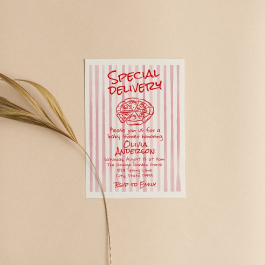 Hand Dawn Roze Pizza Speciale Levering Baby shower Kaart