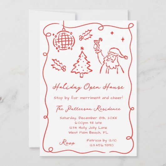 Hand Dawn Whimsical Red Funky Christmas Open House Kaart (Voorkant)
