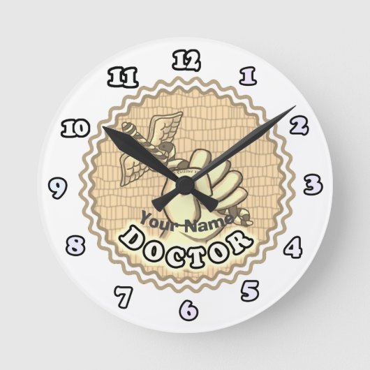 Hand die caduceus dokter vasthoudt ronde klok (Voorkant)